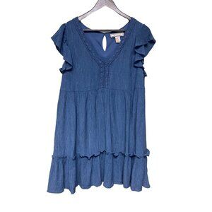 Flying Tomato Women's Blue Tiered Flutter Sleeve Crepe Dress Size Medium
